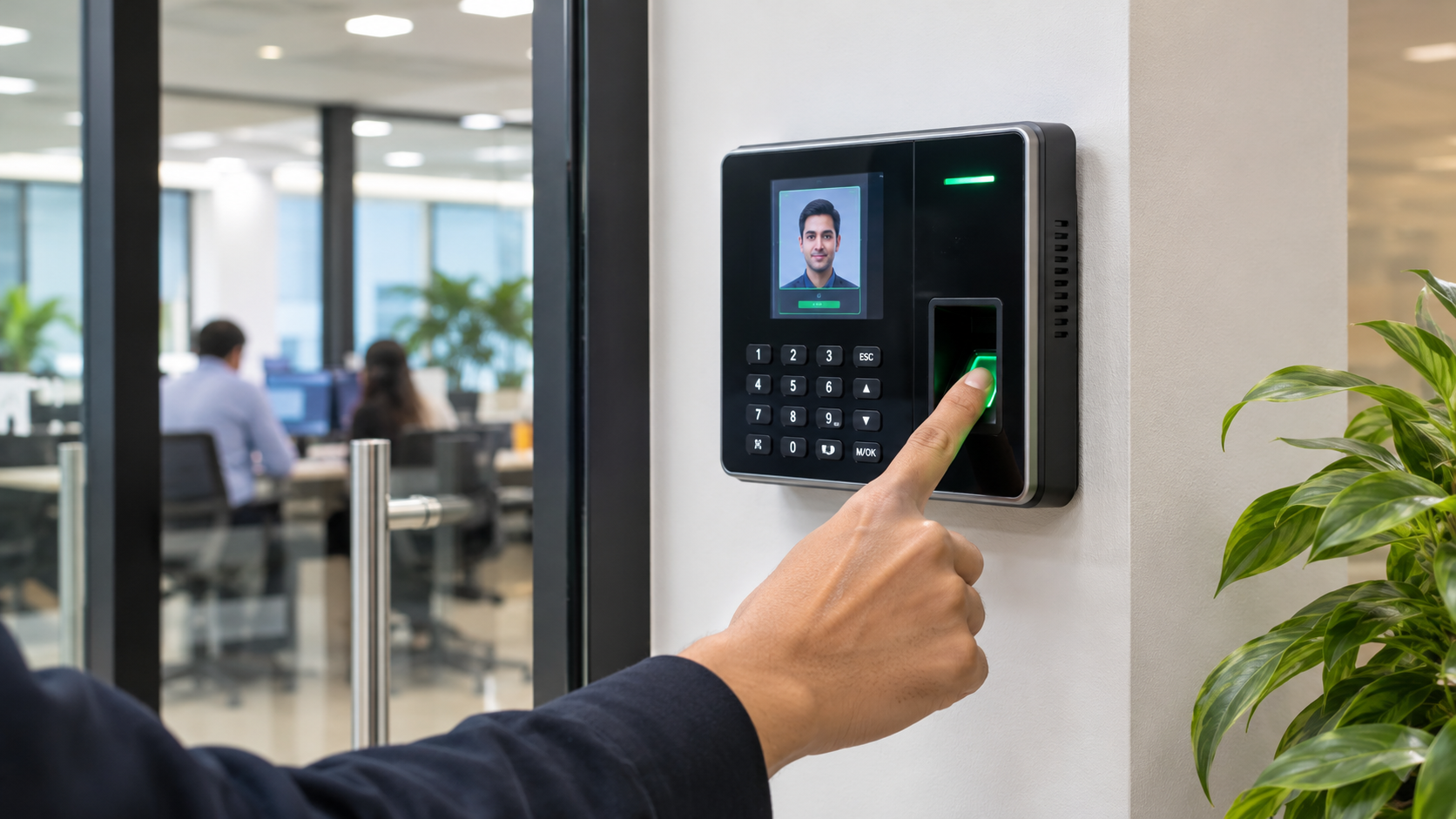 Employee using a wall-mounted fingerprint and face recognition biometric attendance device in a modern office