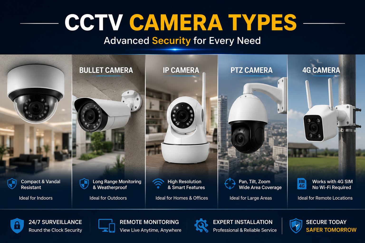 CCTV camera types in Pune — dome, bullet, IP, PTZ and 4G cameras compared