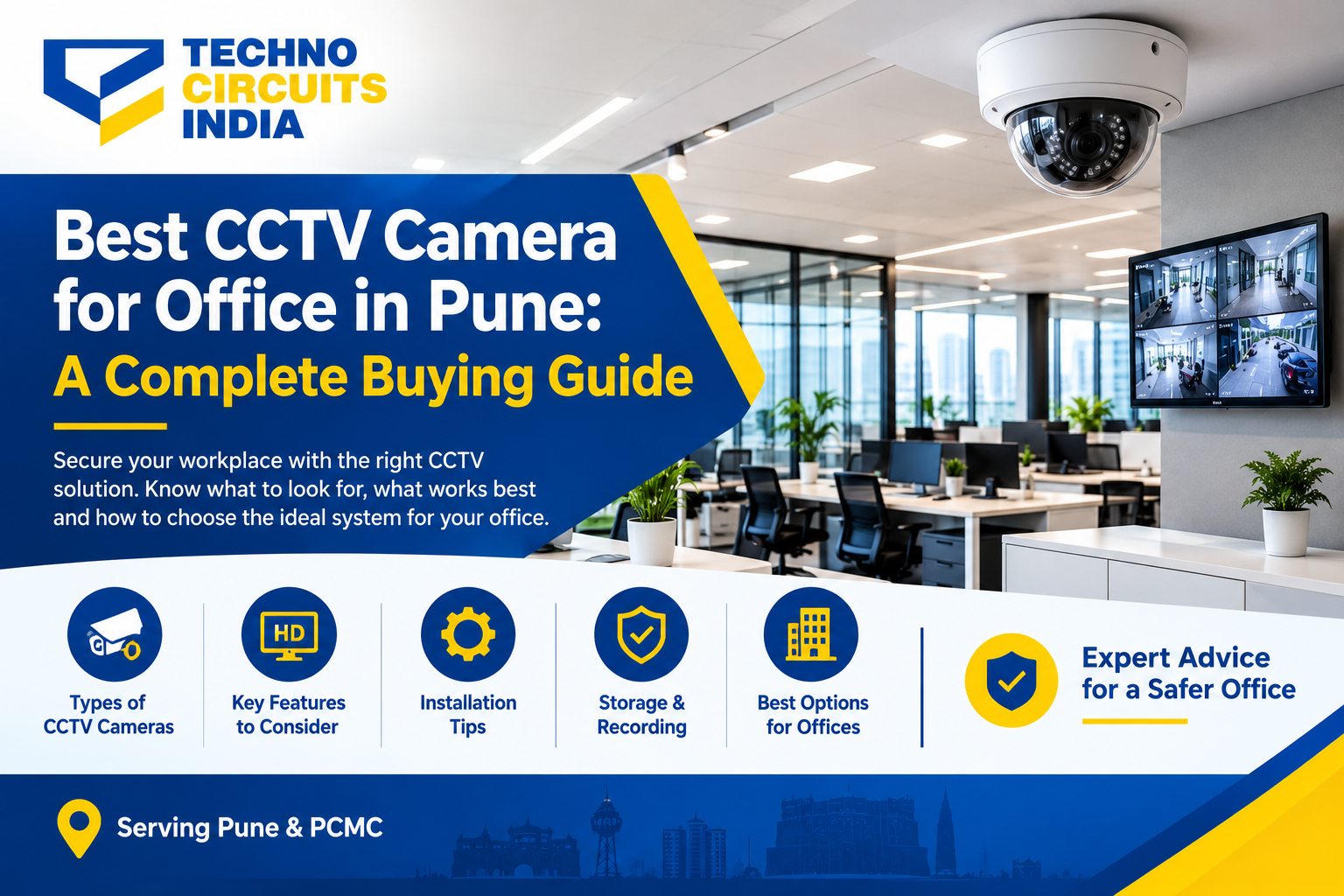 Techno Circuits India office CCTV buying guide banner showing a dome camera and office surveillance monitors