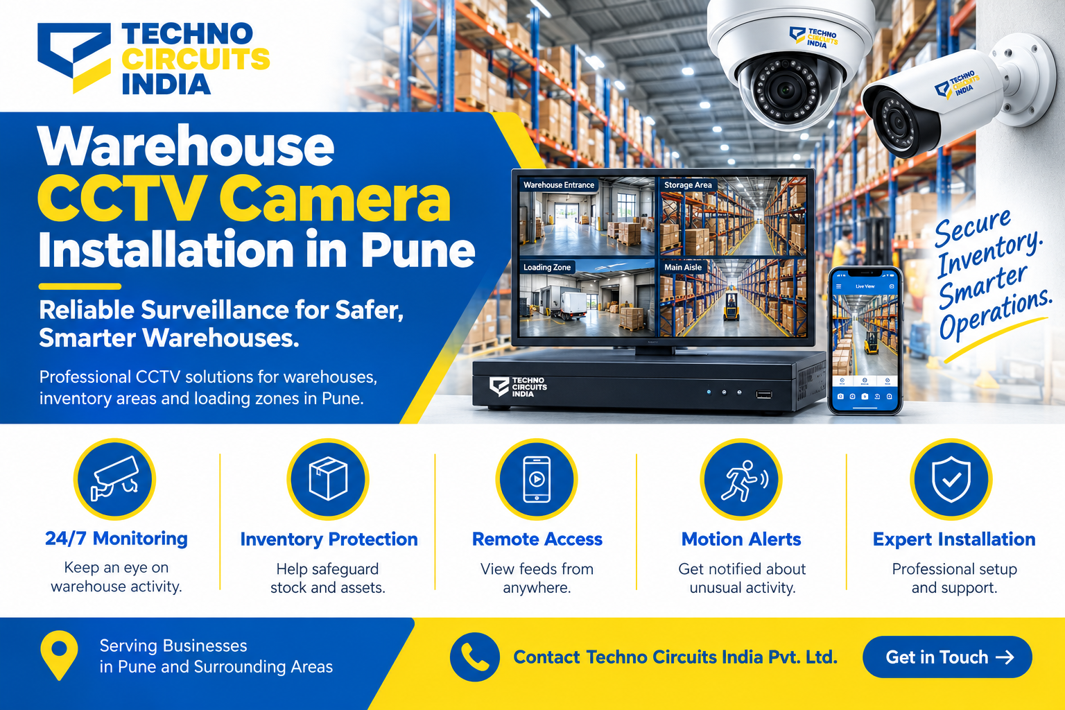 Warehouse CCTV Camera Installation in Pune CCTV cameras monitoring warehouse storage racks and loading areas in Pune.