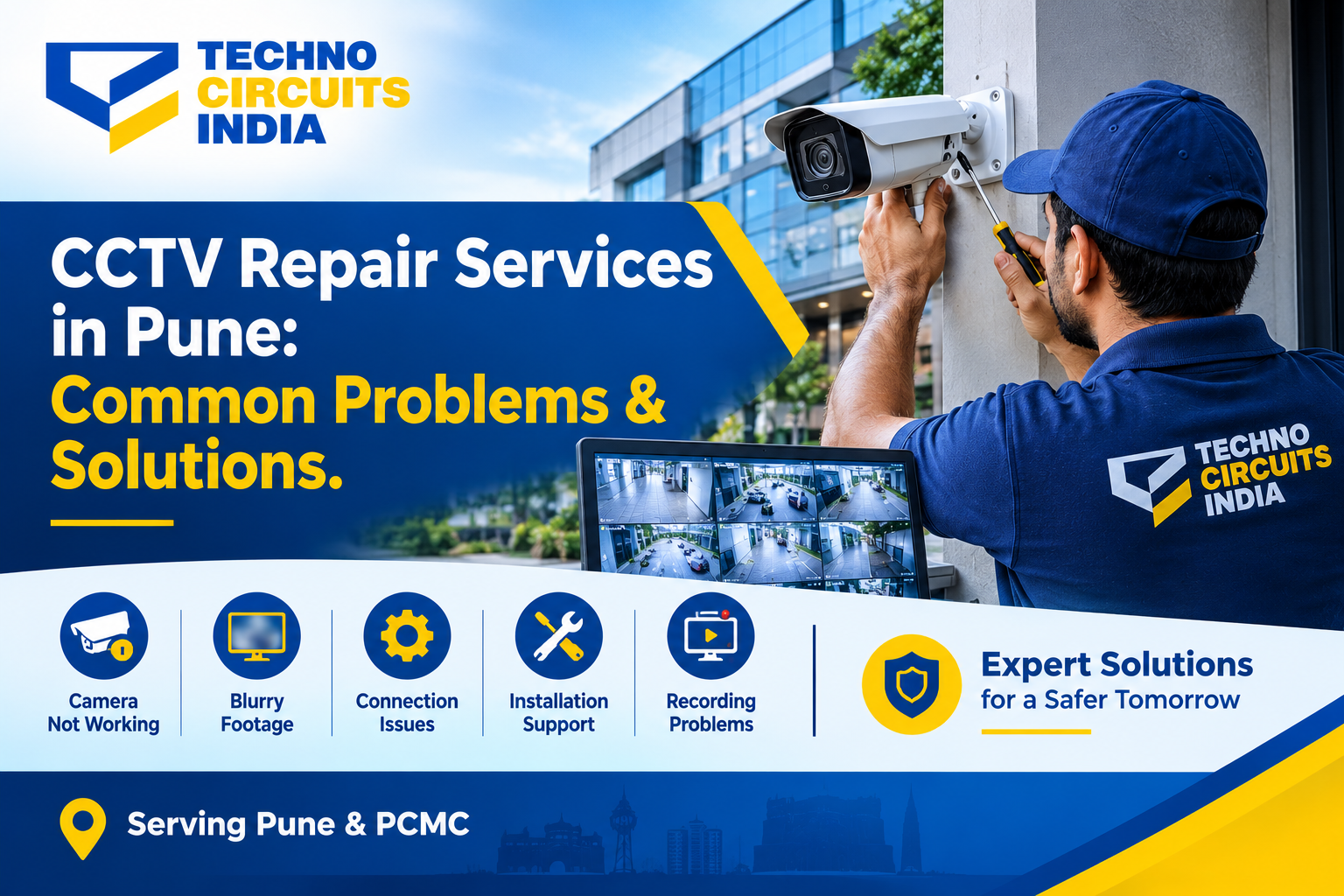 Technician repairing an outdoor CCTV camera with a monitor showing live camera feeds in Pune