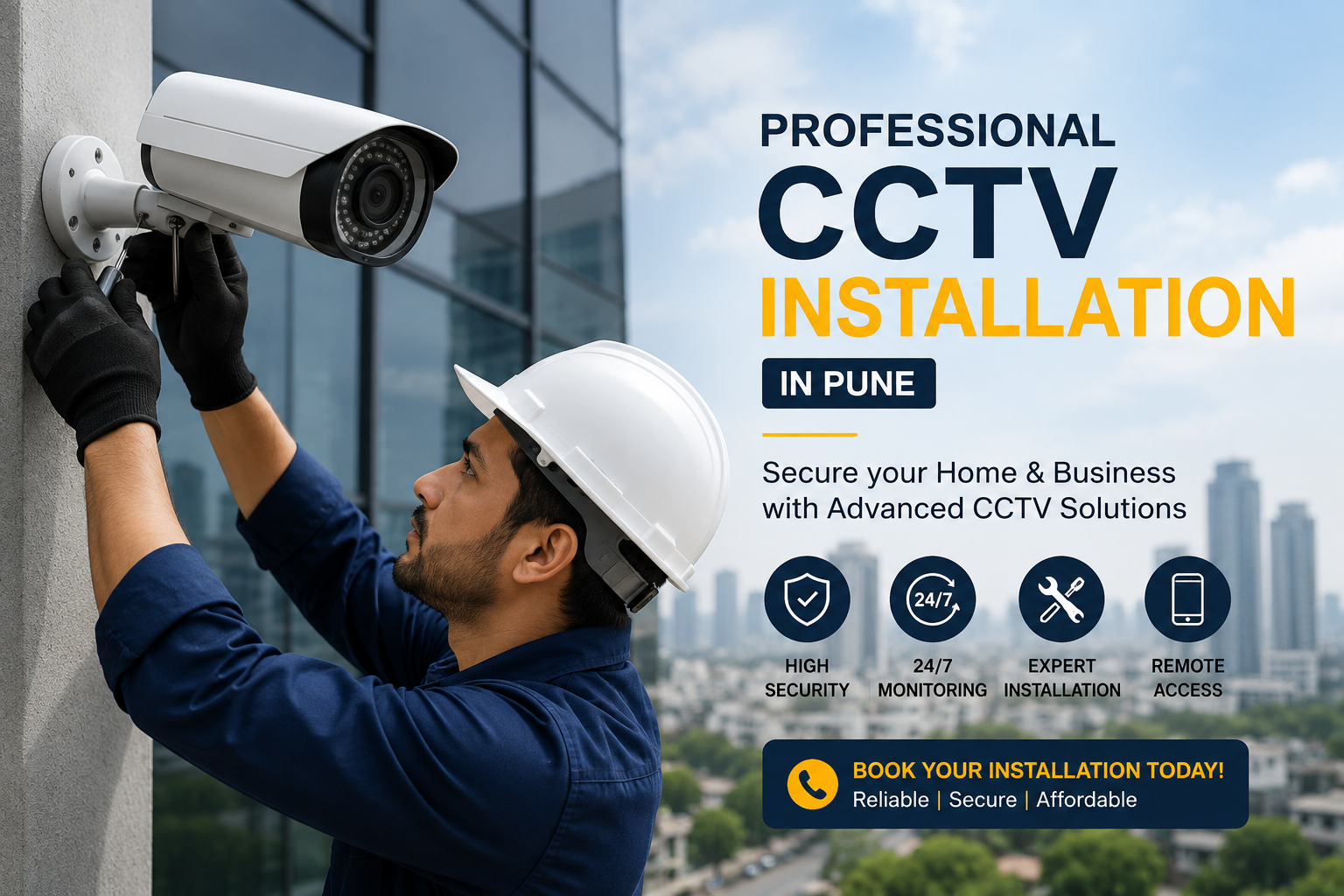 CCTV dealers in Pune — technician completing a professional CCTV installation on a commercial building
