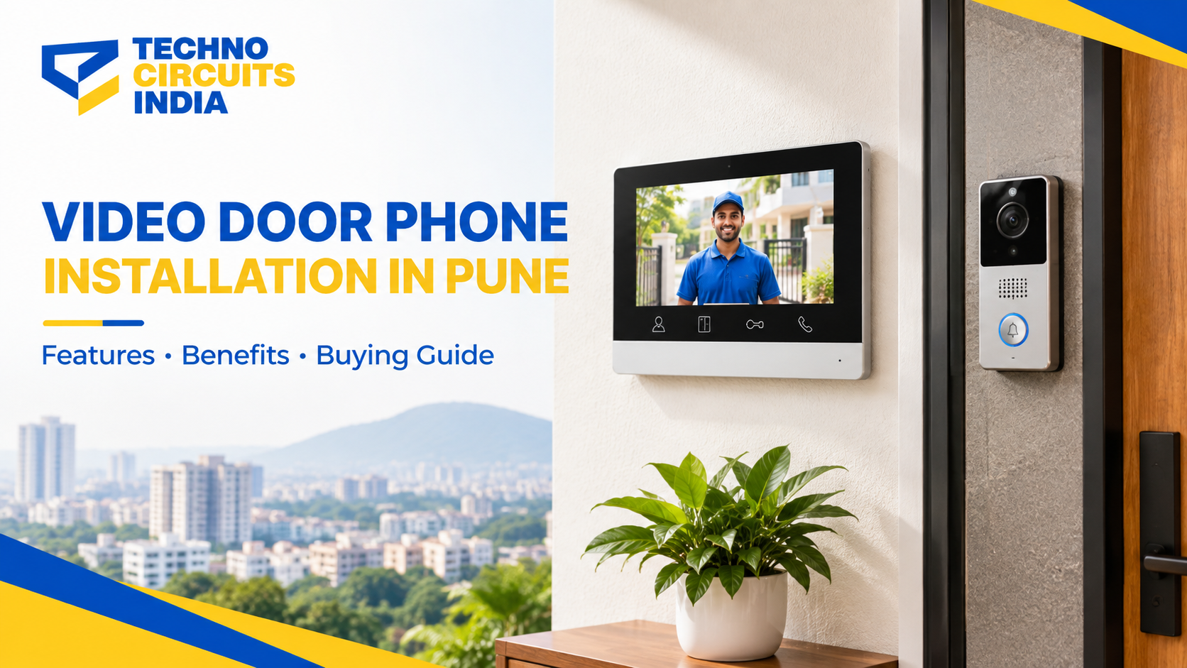 Video door phone indoor monitor and outdoor visitor camera panel installed at a modern home entrance in Pune