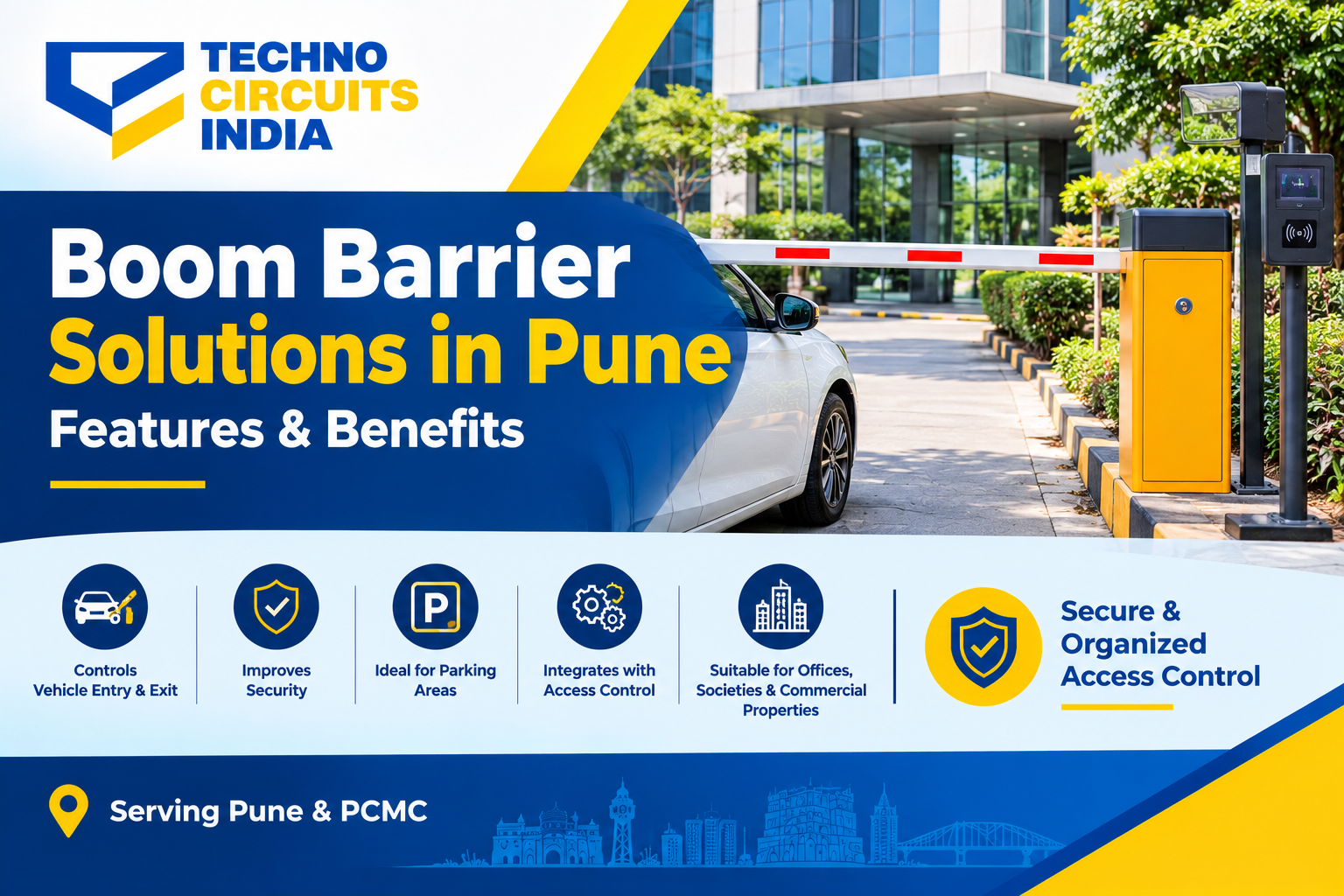 Automatic boom barrier controlling vehicle entry at a commercial property parking area in Pune