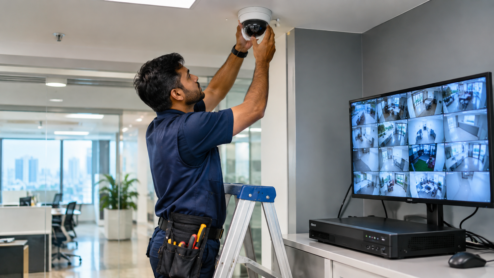 Technician providing CCTV AMC services in a modern Pune office