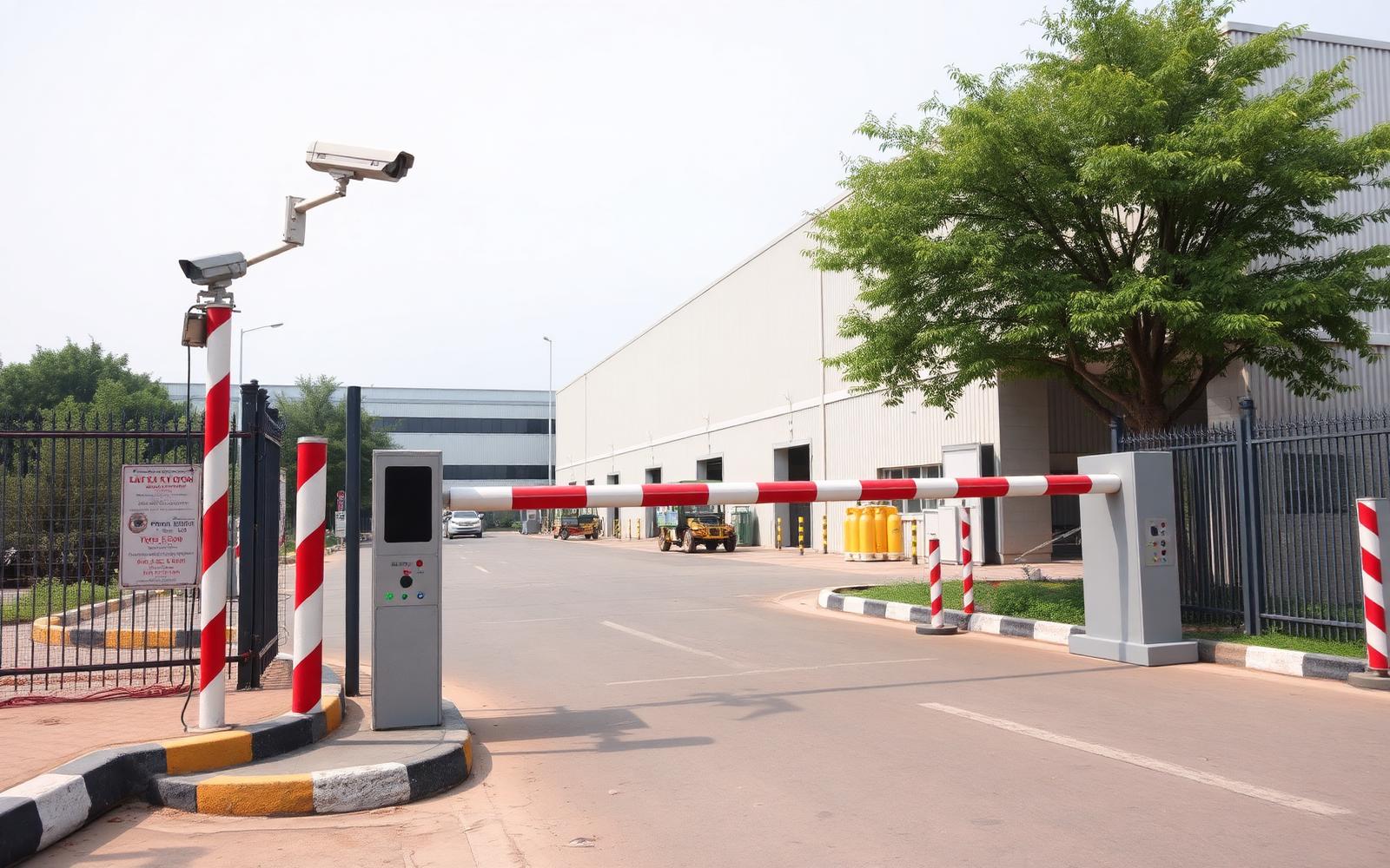 Boom barrier and outdoor camera at a factory gate