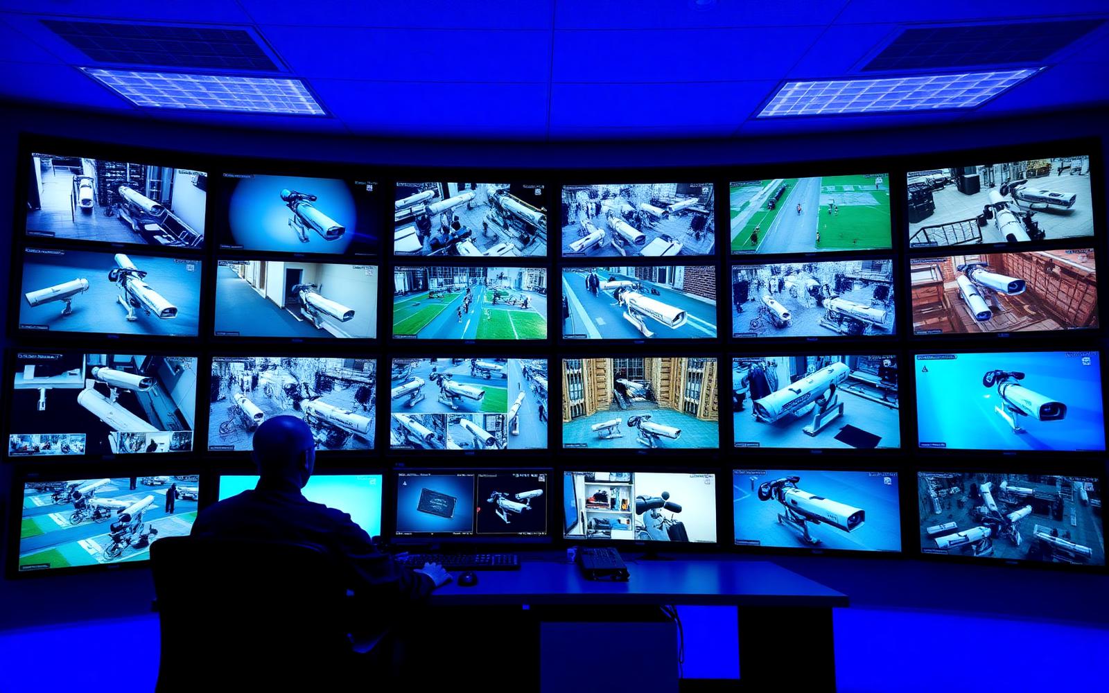 Security control room with live home camera feeds